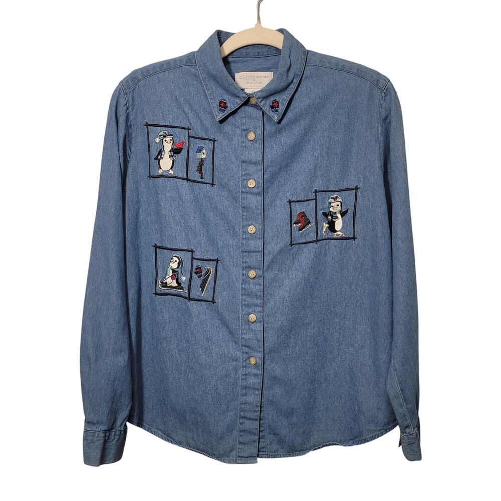Christopher Banks Denim Chambray Shirt M Embroidered Snowman Winter Cottagecore